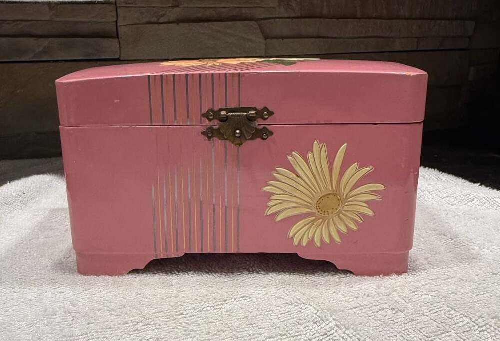 Vintage Pink Floral Wooden Jewelry Music Box with Mirror